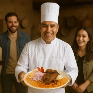 Peruvian chef presenting the traditional Northern-style cabrito, served with rice and beans, during a gastronomic tour in northern Peru: Trujillo.